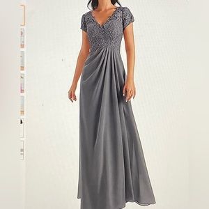 Grey Mother of The Bride Dress with Sleeves Lace Beaded Chiffon